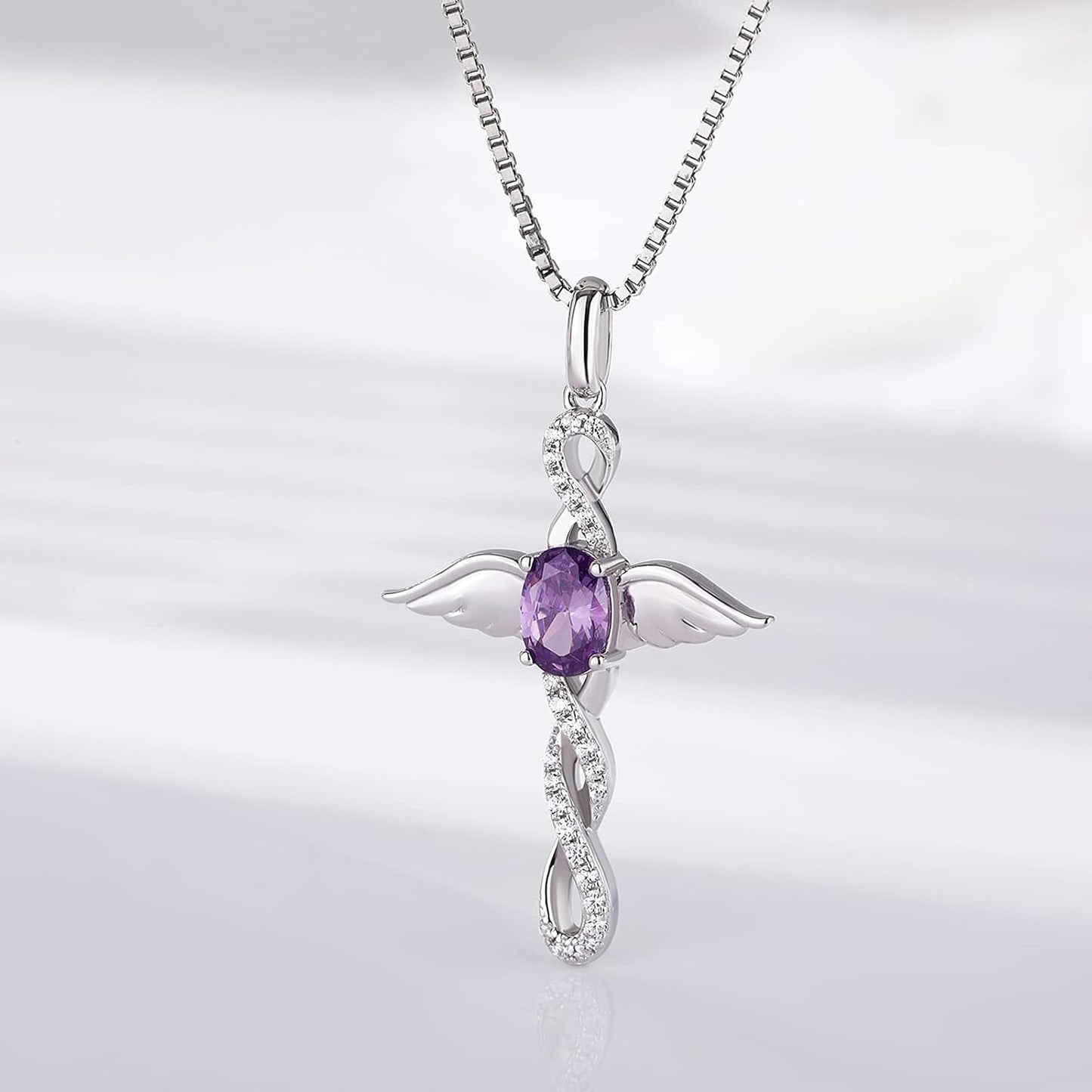 18K White Gold Plated Angel Wing Cross Necklace for Women 925 Sterling Silver Infinity Cross Pendant with Birthstone, Cross Jewelry Gift for Women with Gift Box