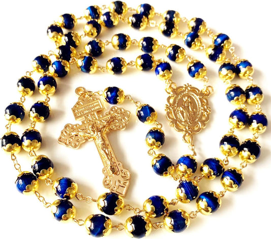 HANDMADE Tiger Eye Prayer Beads Catholic Rosary Necklace Gift Box Italy Crucifix Gold
