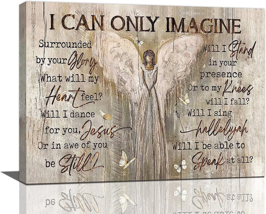 Farmhouse Angel Wings Wall Art I Can Only Imagine Scripture Pictures Painting Print Rustic Country Artwork Framed Christian Gift for Kitchen Church Bathroom Living Room Bedroom Office 12"X16"