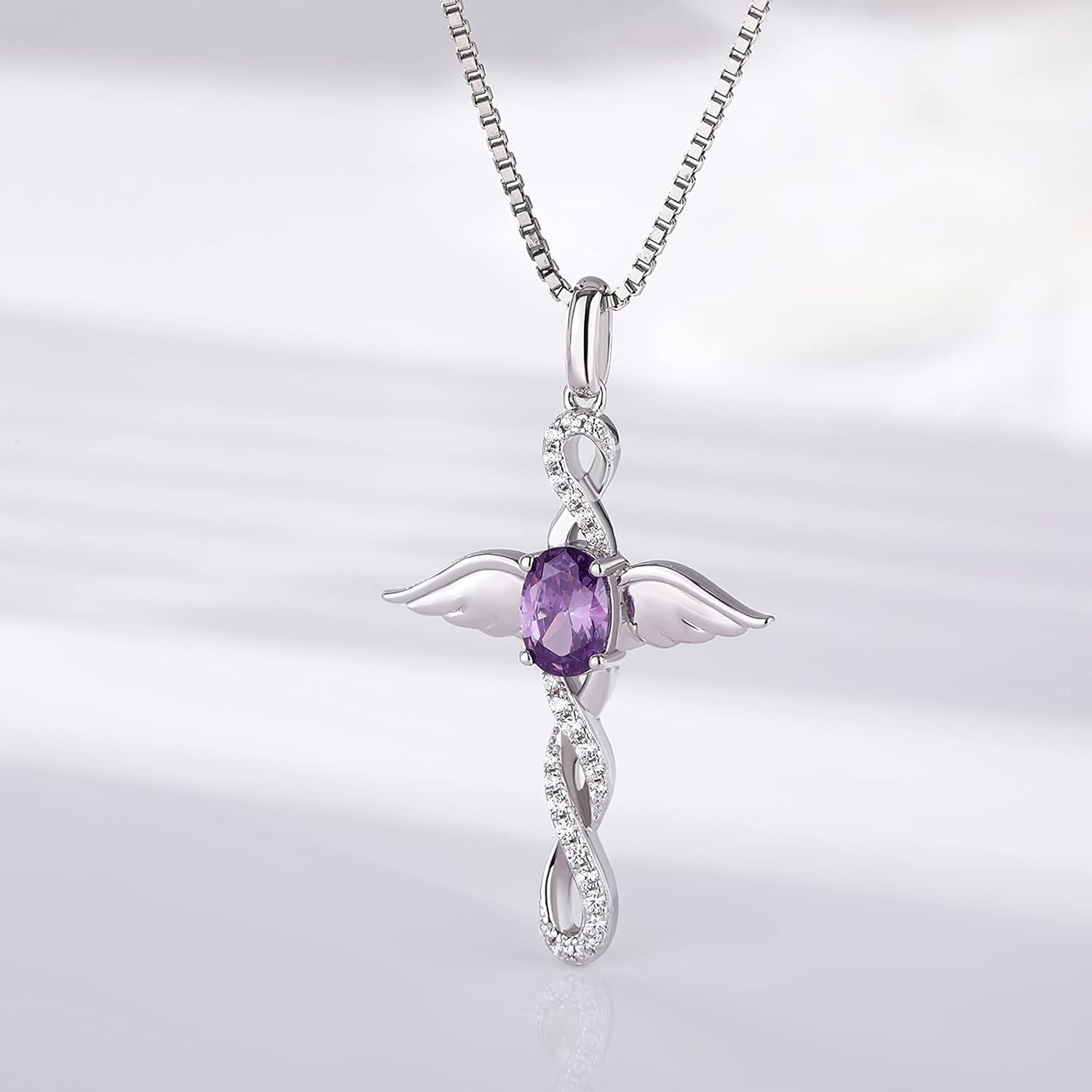 18K White Gold Plated Angel Wing Cross Necklace for Women 925 Sterling Silver Infinity Cross Pendant with Birthstone, Cross Jewelry Gift for Women with Gift Box