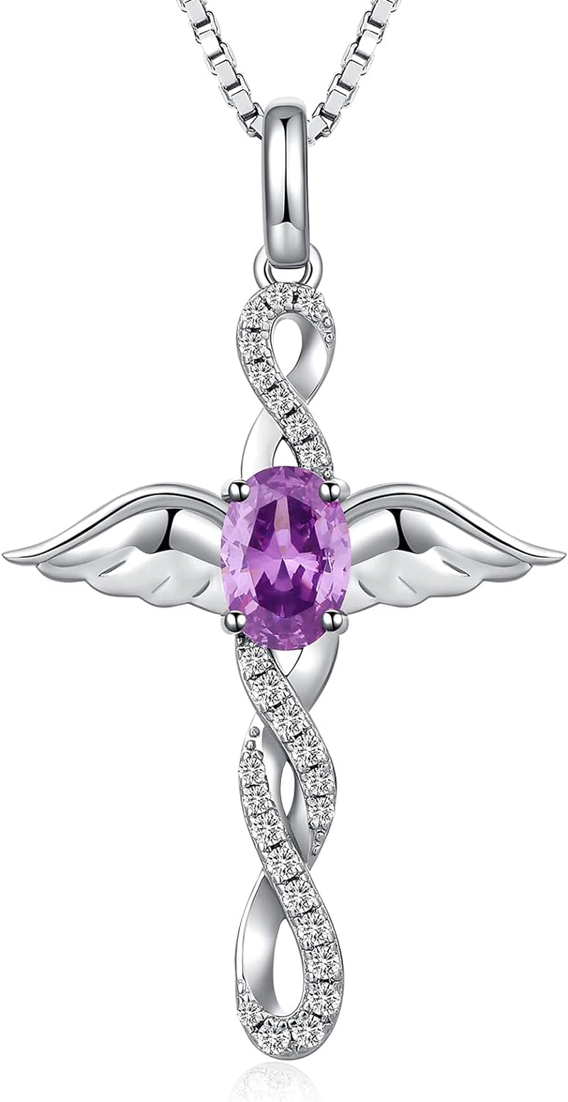 18K White Gold Plated Angel Wing Cross Necklace for Women 925 Sterling Silver Infinity Cross Pendant with Birthstone, Cross Jewelry Gift for Women with Gift Box