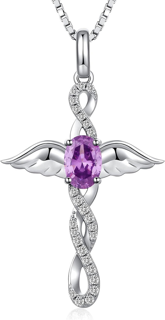 18K White Gold Plated Angel Wing Cross Necklace for Women 925 Sterling Silver Infinity Cross Pendant with Birthstone, Cross Jewelry Gift for Women with Gift Box