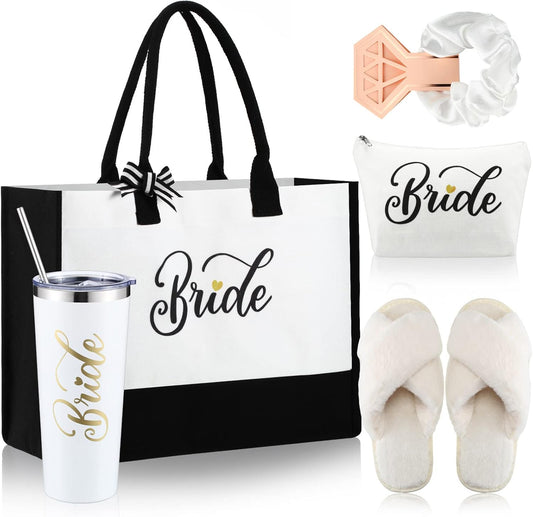 Bride Tote Bag Bride Gifts Set 5 Pcs Makeup Bag Bride Stainless Tumbler Cup Bride Slippers White Hair Tie Slippers for Bridal Shower Bachelorette Party Wedding Day Gifts for Bride (Classic)