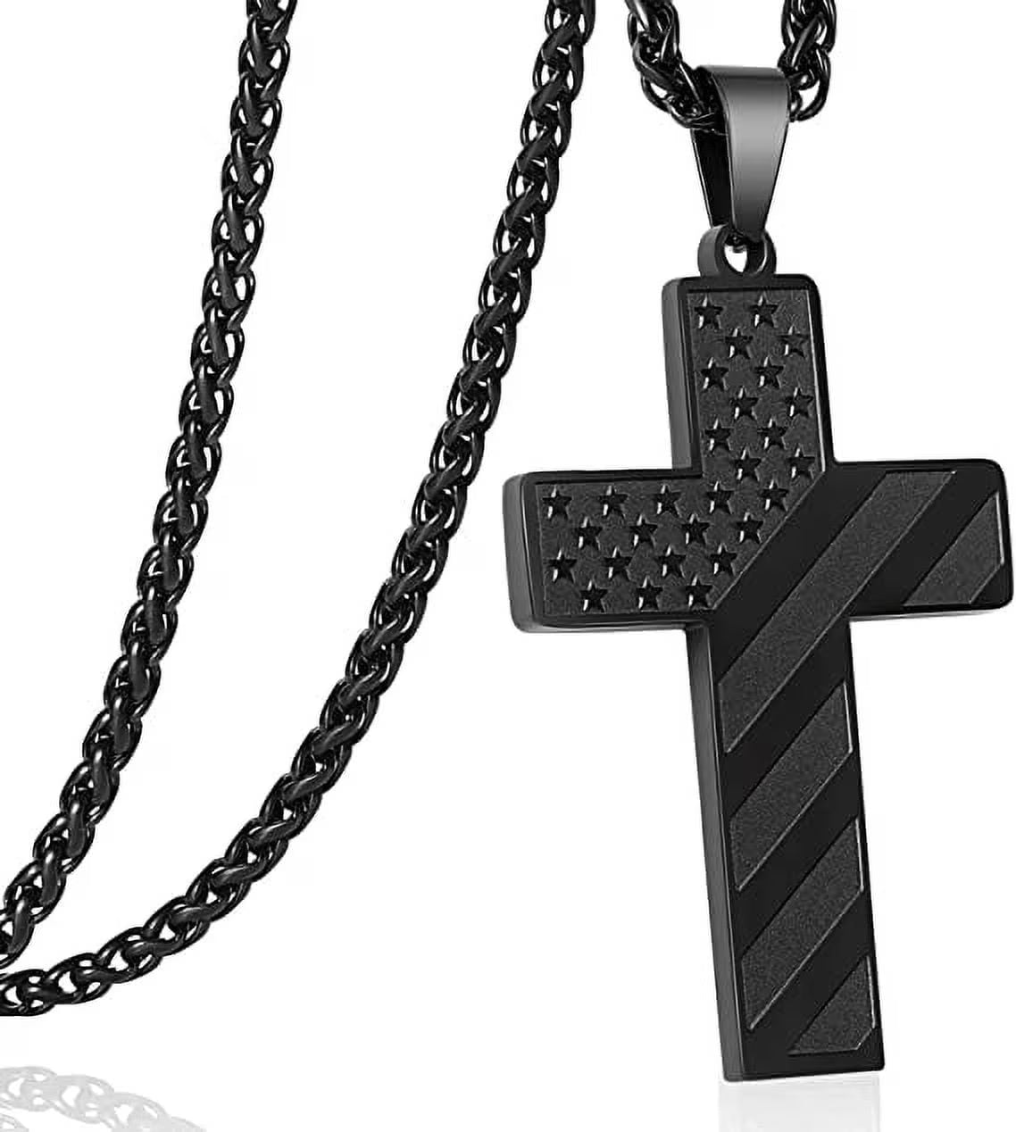 Black Cross Necklace for Men Bible Verse Stainless Steel Cross Pendant Chain American Flag Necklaces Religious Christian Jewelry Gifts
