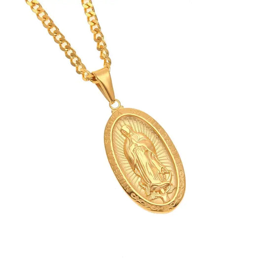 Catholic Religious Virgin Mary Necklace Pendant Stainless Steel Gold Color Cross Medallion Women Men Christian Jewelry