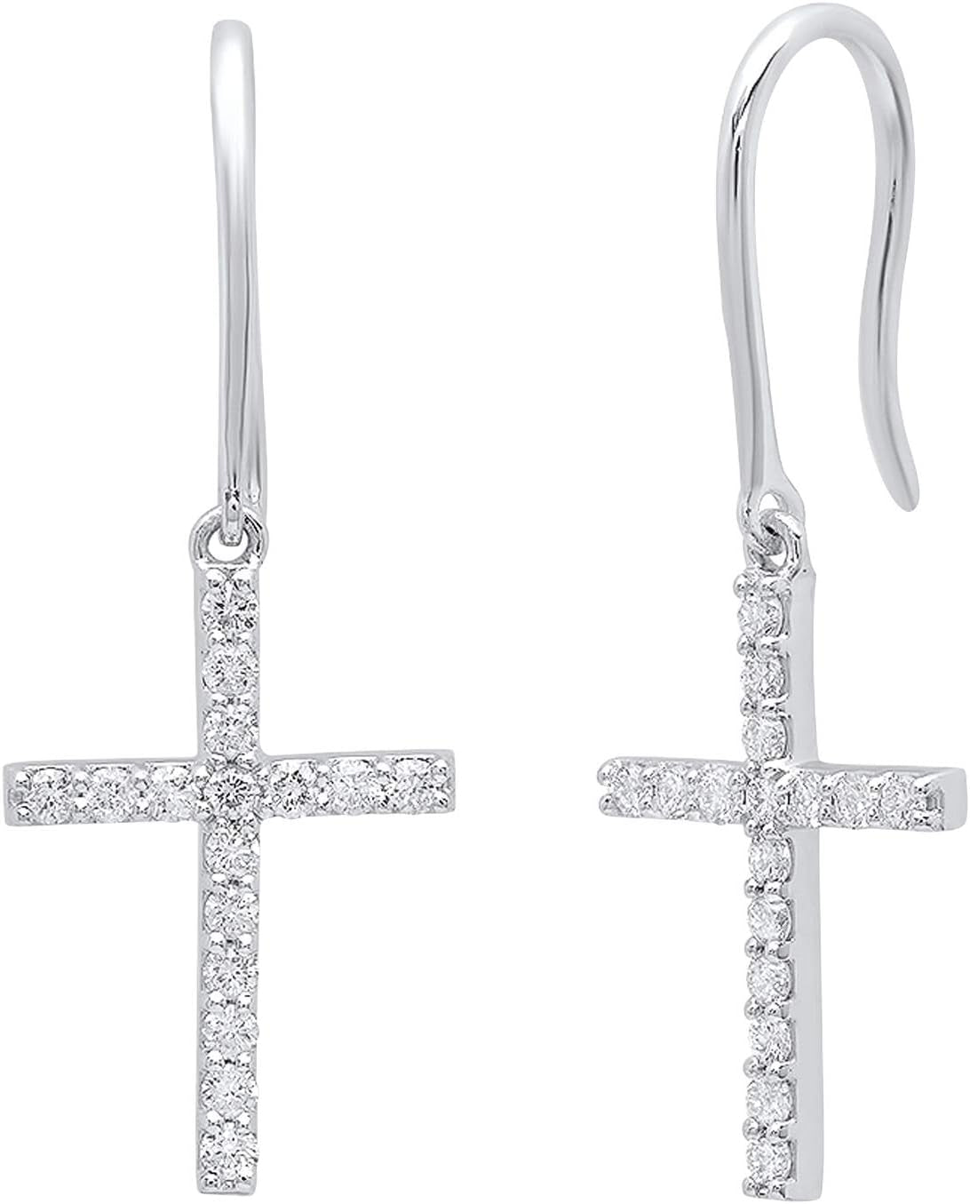 0.45 Cttw 10K Solid Gold round White Diamond Womens Cross Drop Earrings