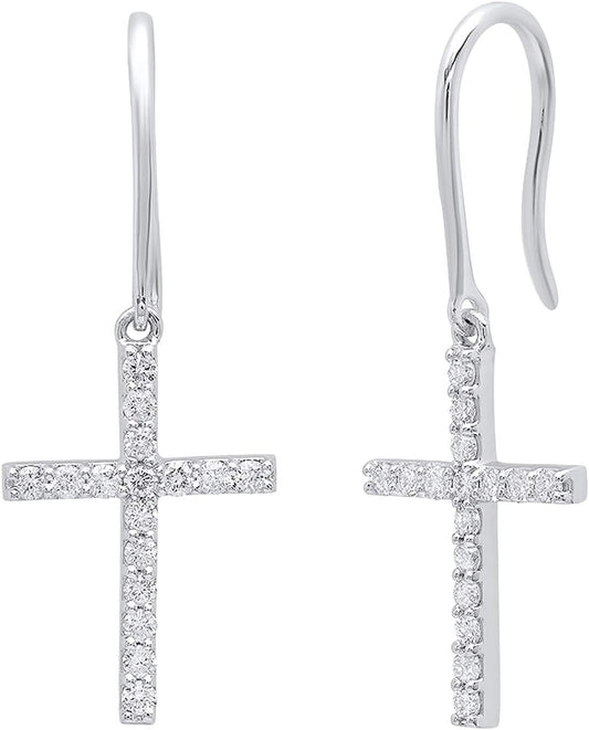 0.45 Cttw 10K Solid Gold round White Diamond Womens Cross Drop Earrings