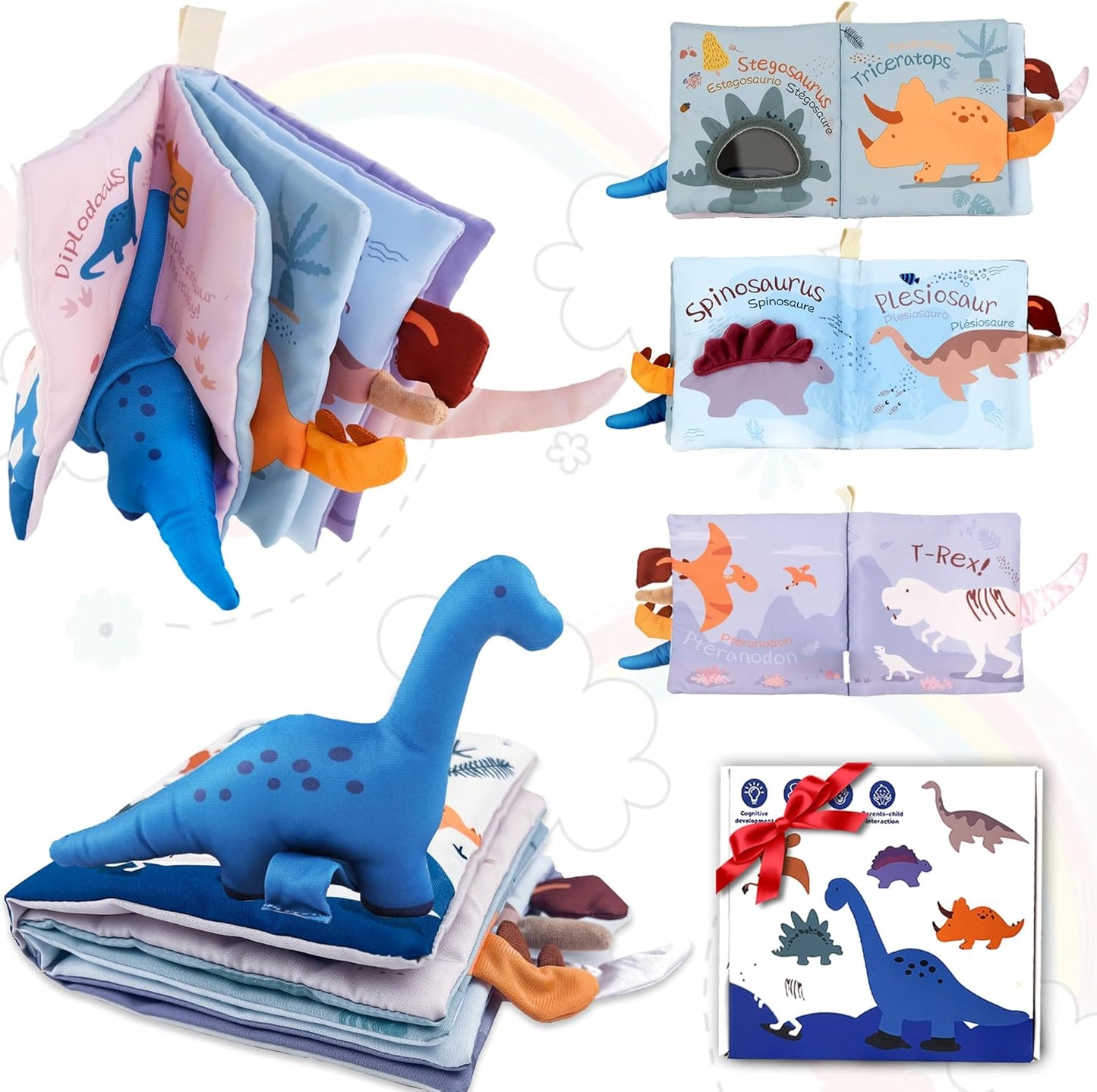 Baby Books Toys 0-6-12 Months, Baby Boy Gifts Touch and Feel Crinkle Books with Dino Doll, Newborn Infant Carseat Toys 6-9-12 Months Shower Gifts Easter Basket Stuffers