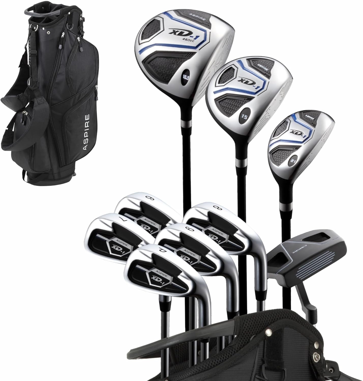 XD1 Men’S 14-Piece Golf Set – 460Cc Titanium Driver, Wood, Hybrid, 6-PW Irons, Putter, Stand Bag, 3 Headcovers and Cover